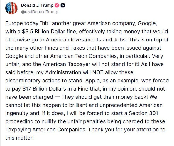 ЄС наклав штраф на Google у розмірі близько €3 млрд через порушення антимонопольних норм. Реакція Трампа