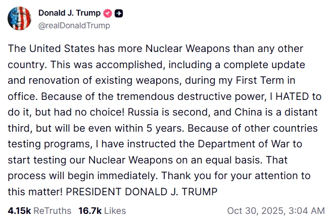 Трамп наказав Пентагону розпочати тестування ядерної зброї